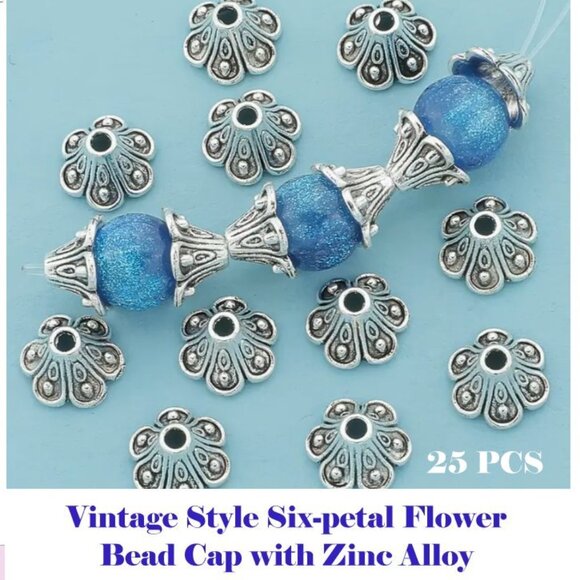 Vintage Style Six-petal Flower Bead Cap with Zinc Alloy 25 Pieces - Picture 1 of 2